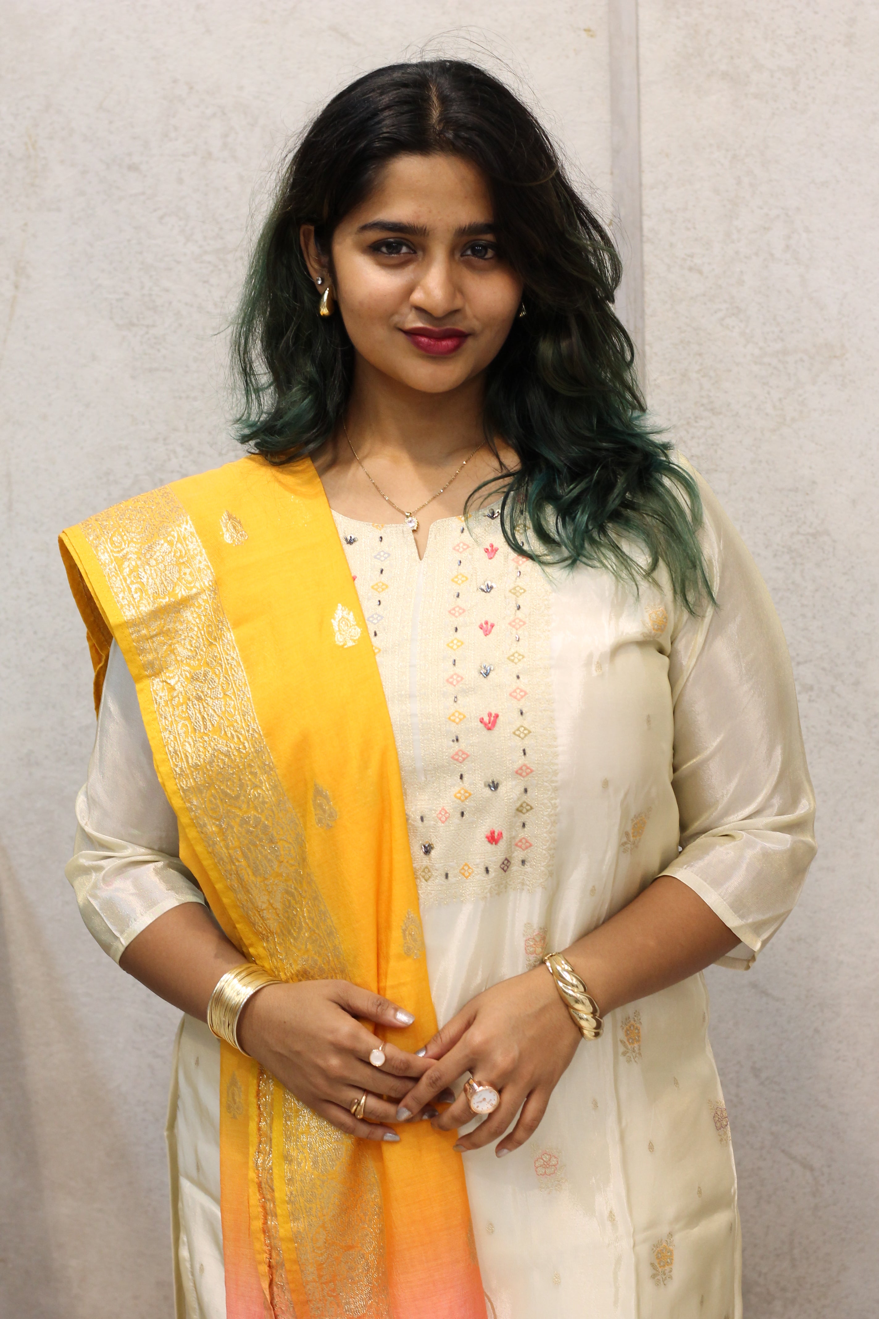 Soft Rayon Cream Kurti with Hand Work & Printed Dupatta