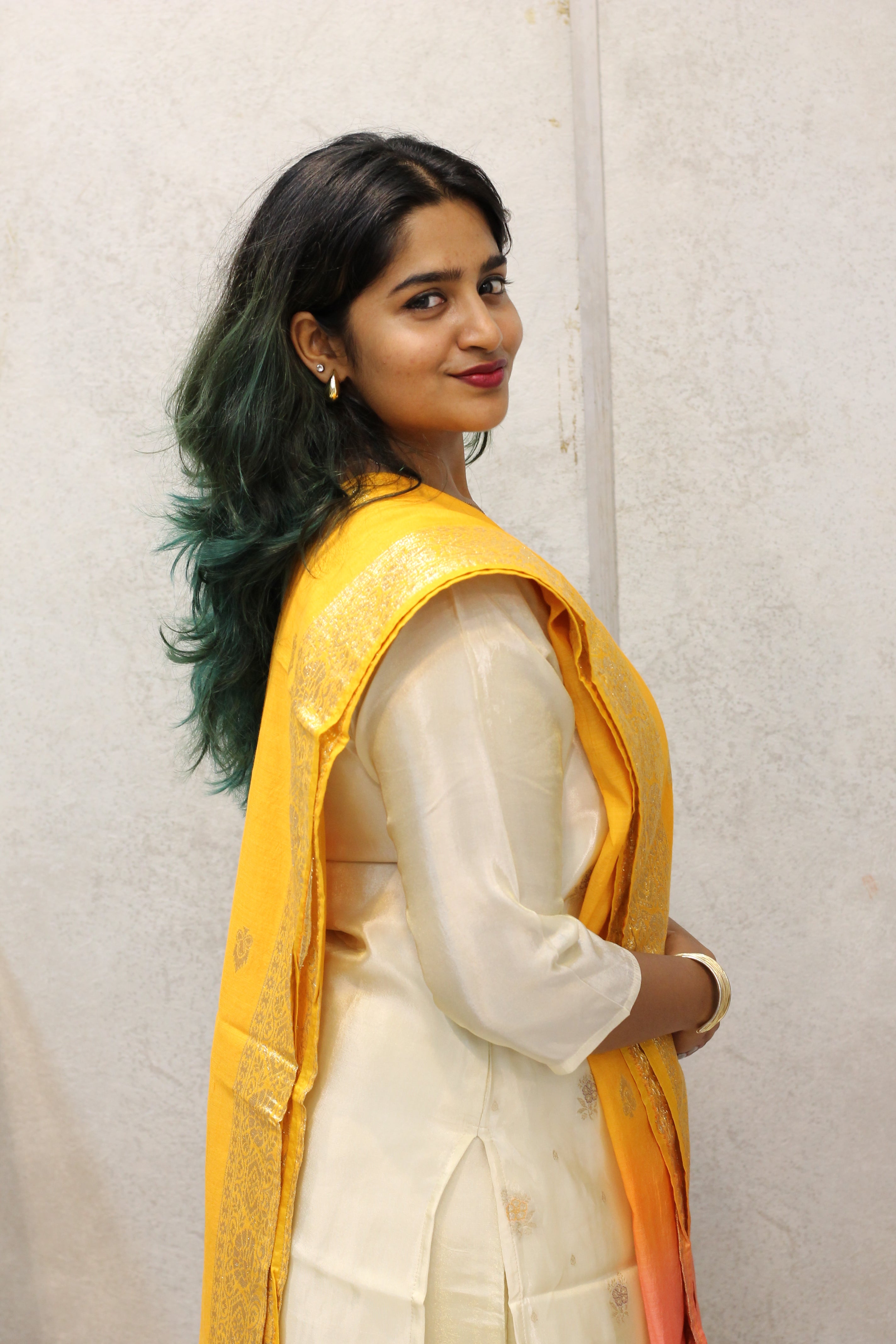 Soft Rayon Cream Kurti with Hand Work & Printed Dupatta