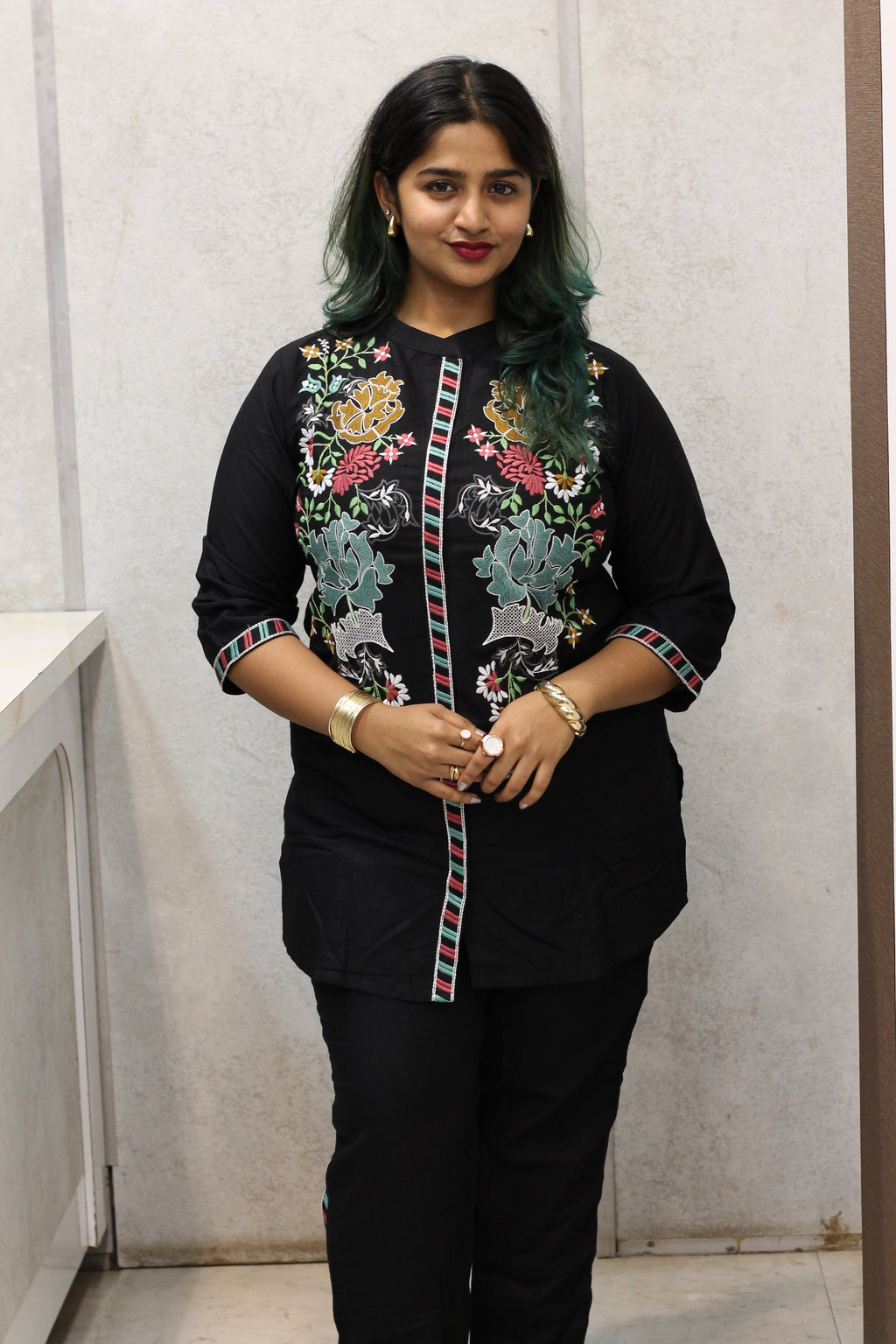 Black Cotton Kurti with Hand Stitch Thread Work