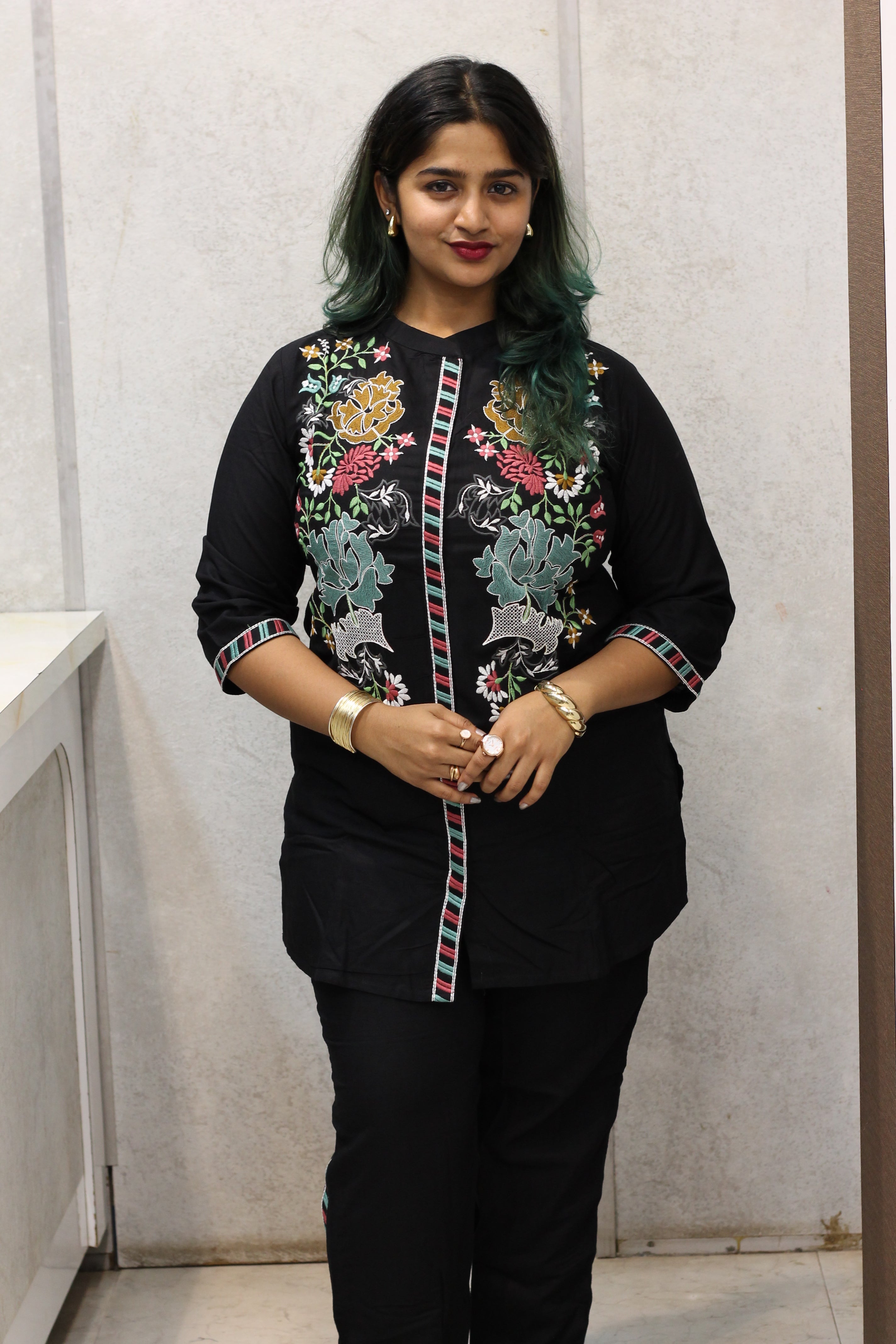 Black Cotton Kurti with Hand Stitch Thread Work