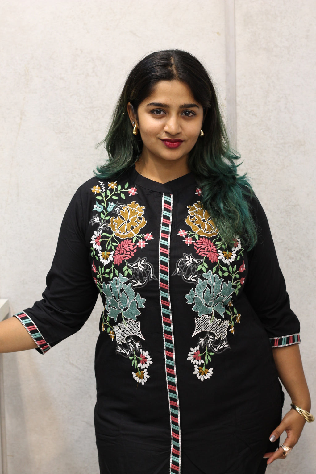 Black Cotton Kurti with Hand Stitch Thread Work