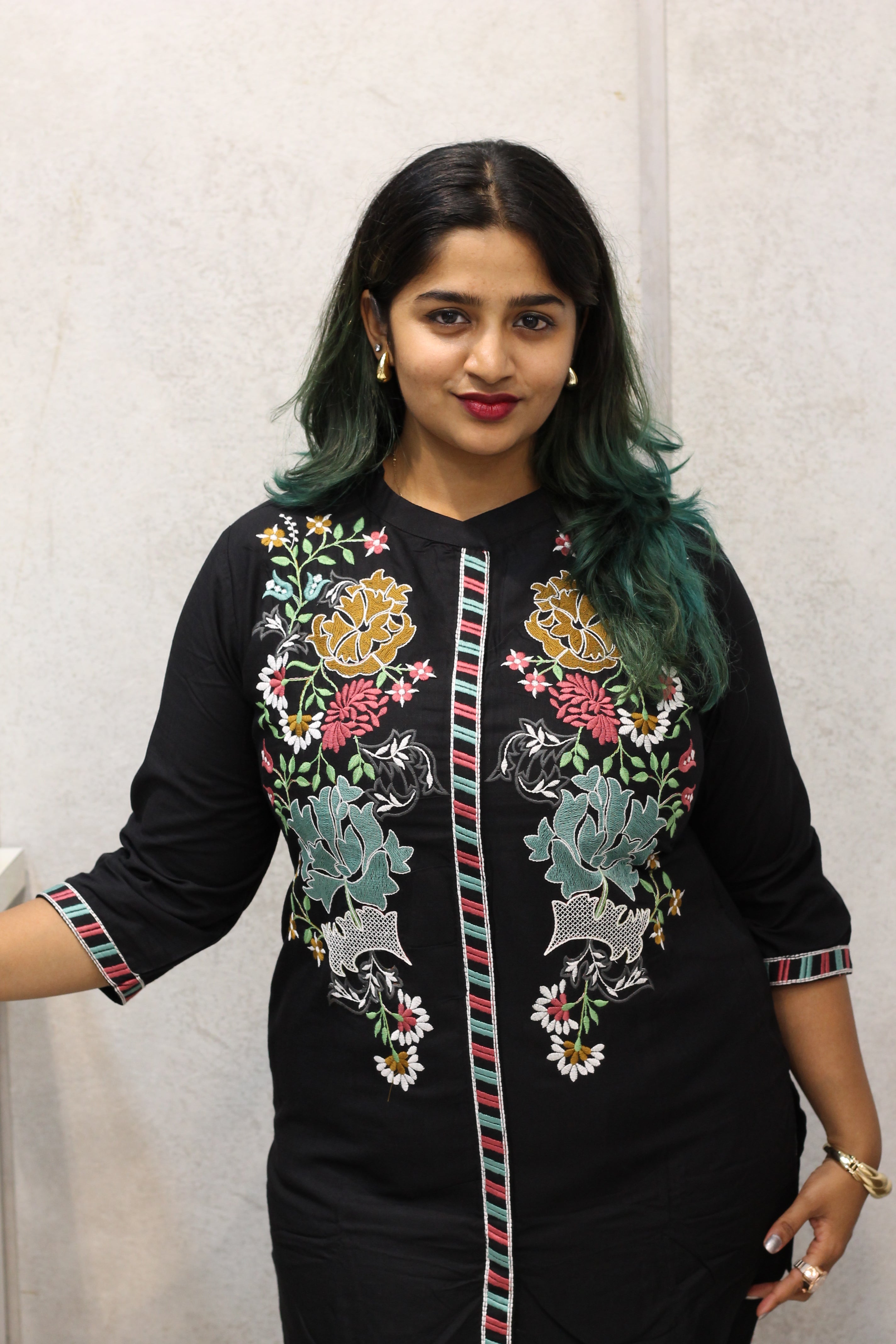 Black Cotton Kurti with Hand Stitch Thread Work
