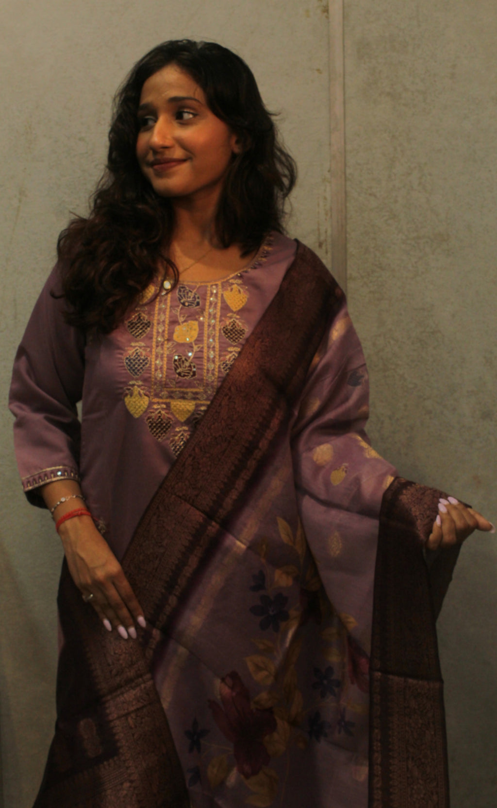 Soft Rayon Purple Kurti with Hand Embroidery & Printed Dupatta