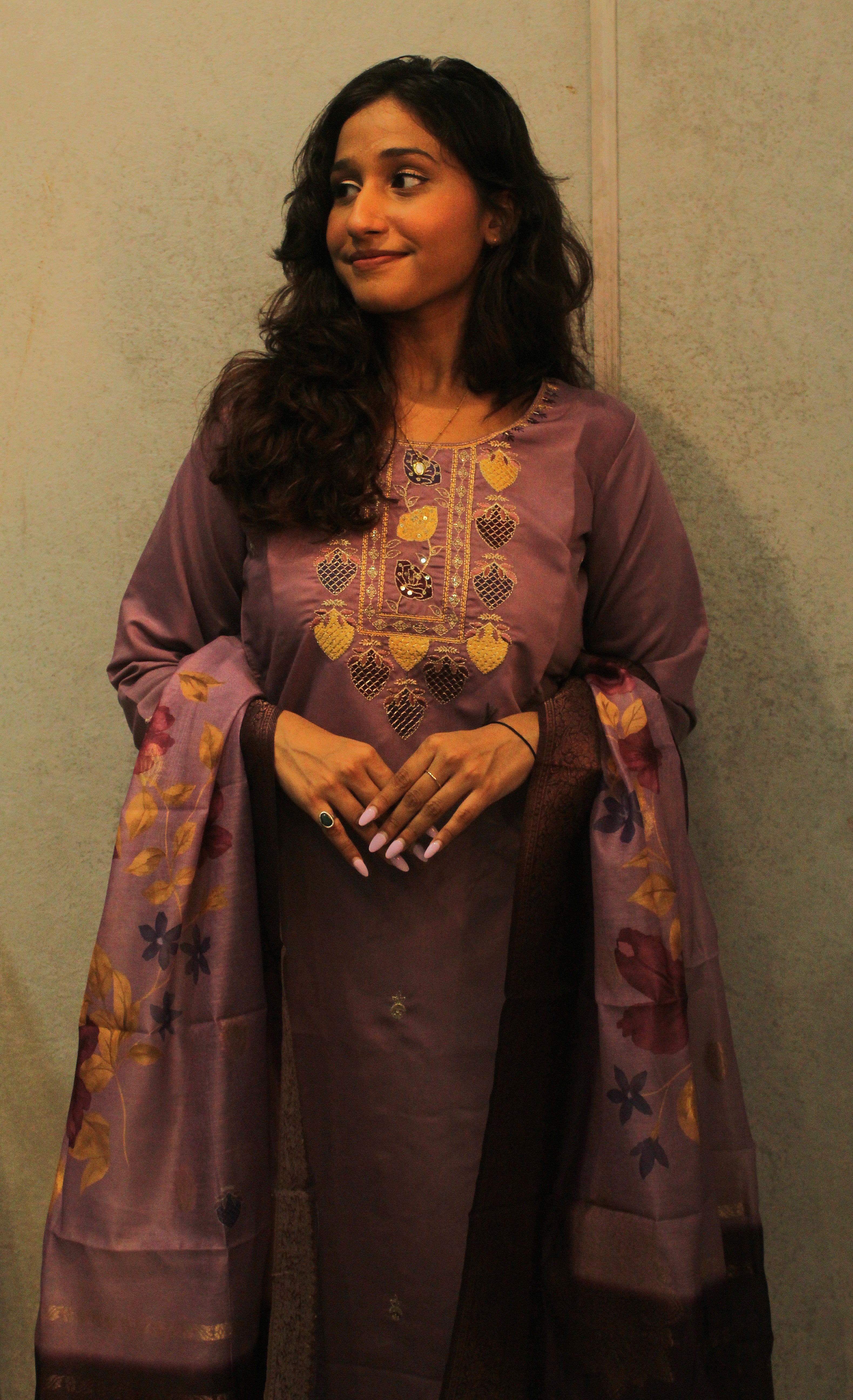 Soft Rayon Purple Kurti with Hand Embroidery & Printed Dupatta