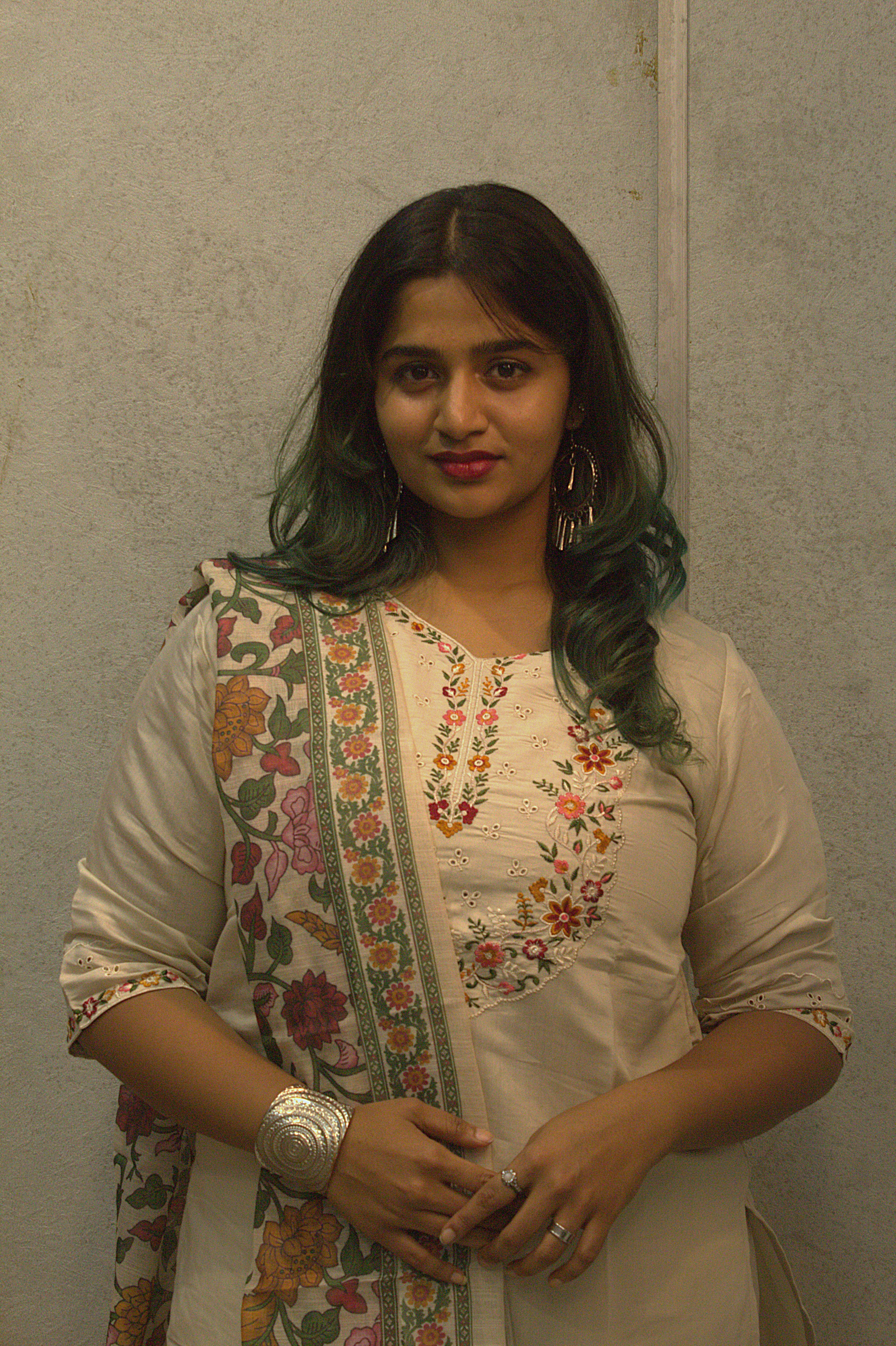 Rayon Cream Kurti with Hand Embroidery & Printed Dupatta